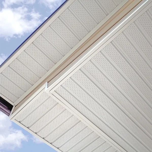 виниловый софит белого цвета смонтированный под кровлей